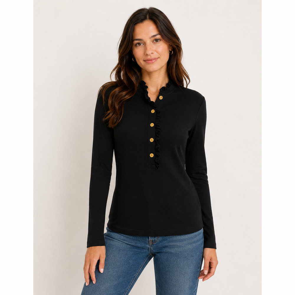 Tory Burch Lidia Ruffle Polo Shirt M Black Long Sleeve Gold Logo Buttons